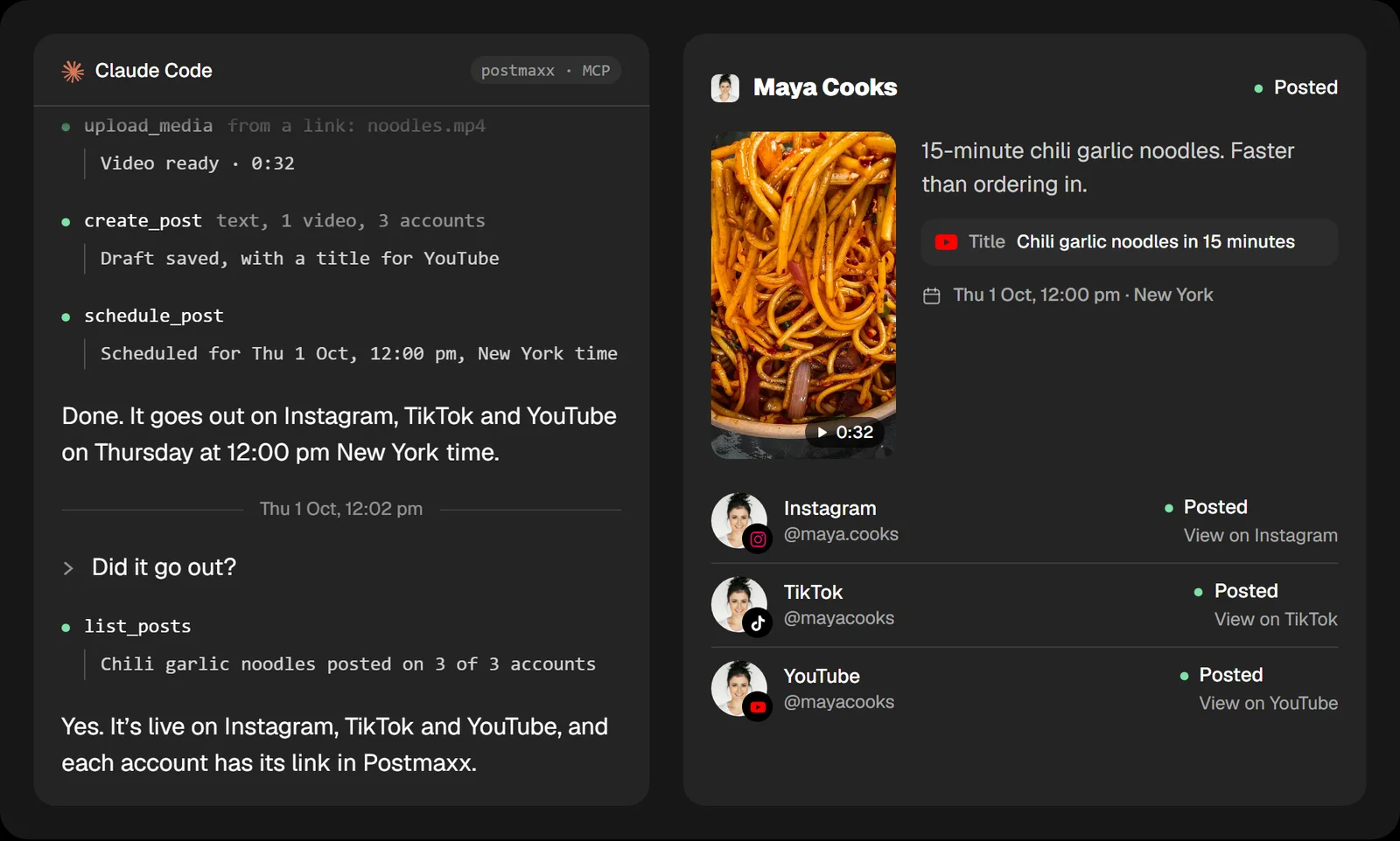 Claude Code schedules a post through Postmaxx’s MCP server, and the post shows as posted on each account