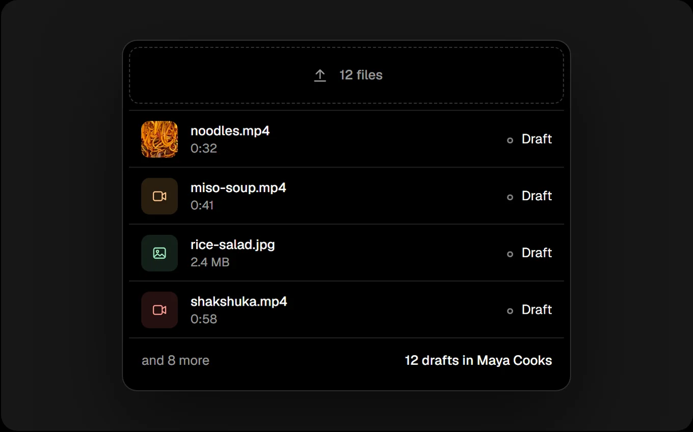 Bulk upload in Postmaxx: twelve files become twelve drafts