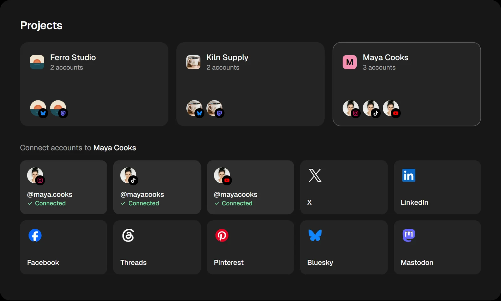 Postmaxx projects: Maya Cooks with its Instagram, TikTok and YouTube accounts connected