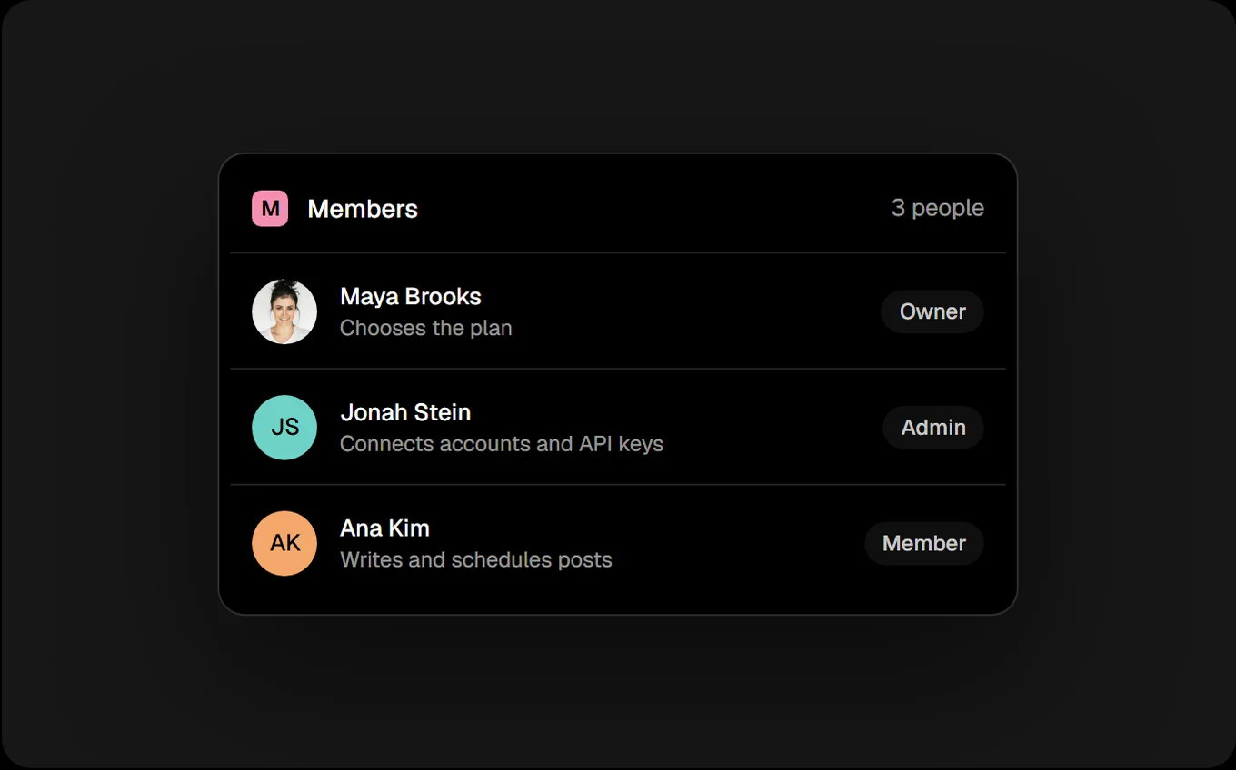 A Postmaxx workspace’s members: an owner, an admin and a member
